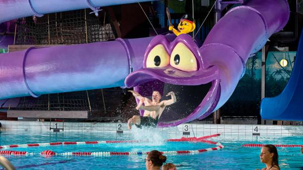 A big purple snake slide at Jesperhus water park